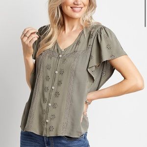Maurices Solid Eyelet Lace Button Front Top